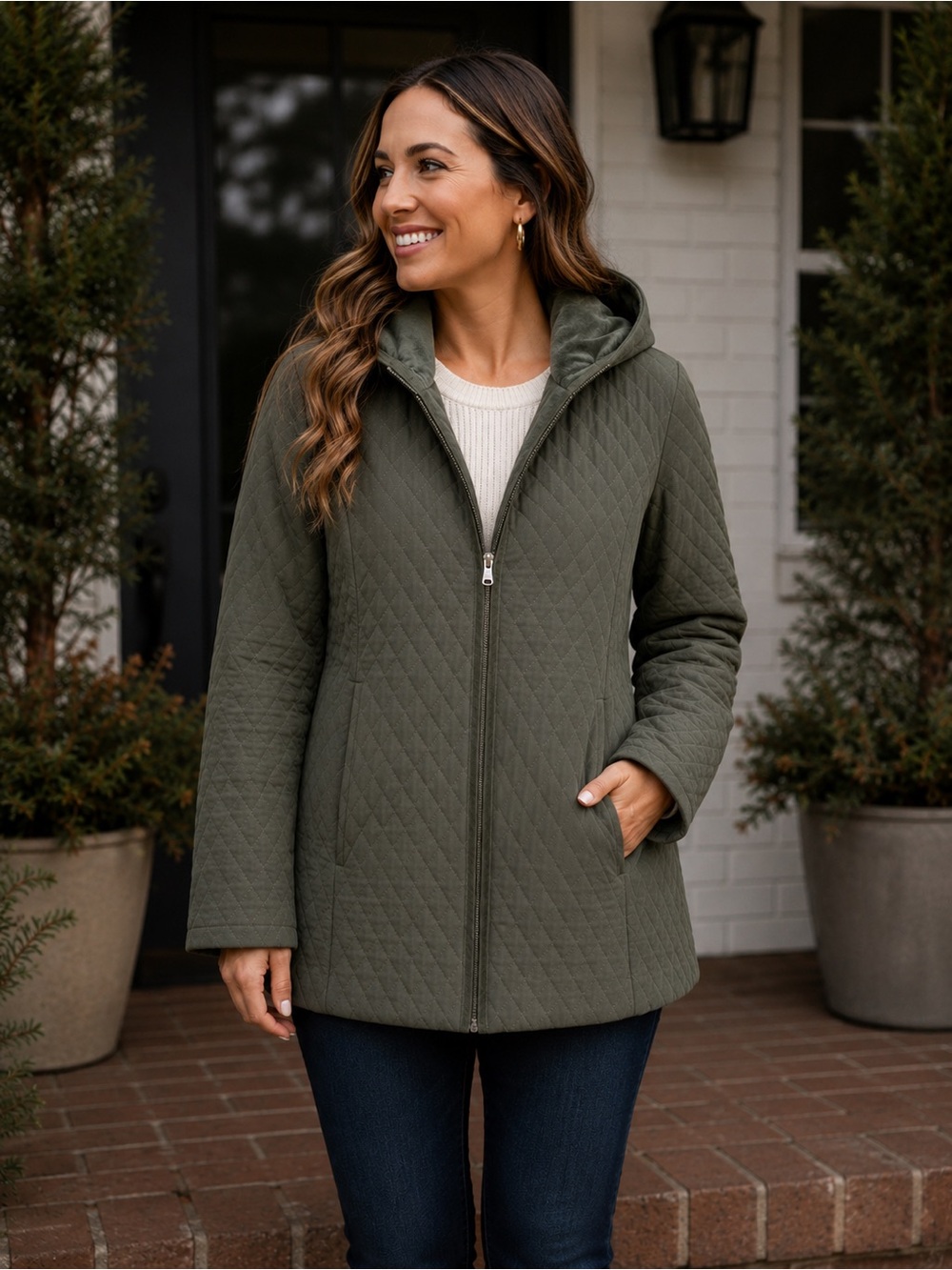 Braetan Quilted Hooded Puffer zip up Jacket in Olive green size large
